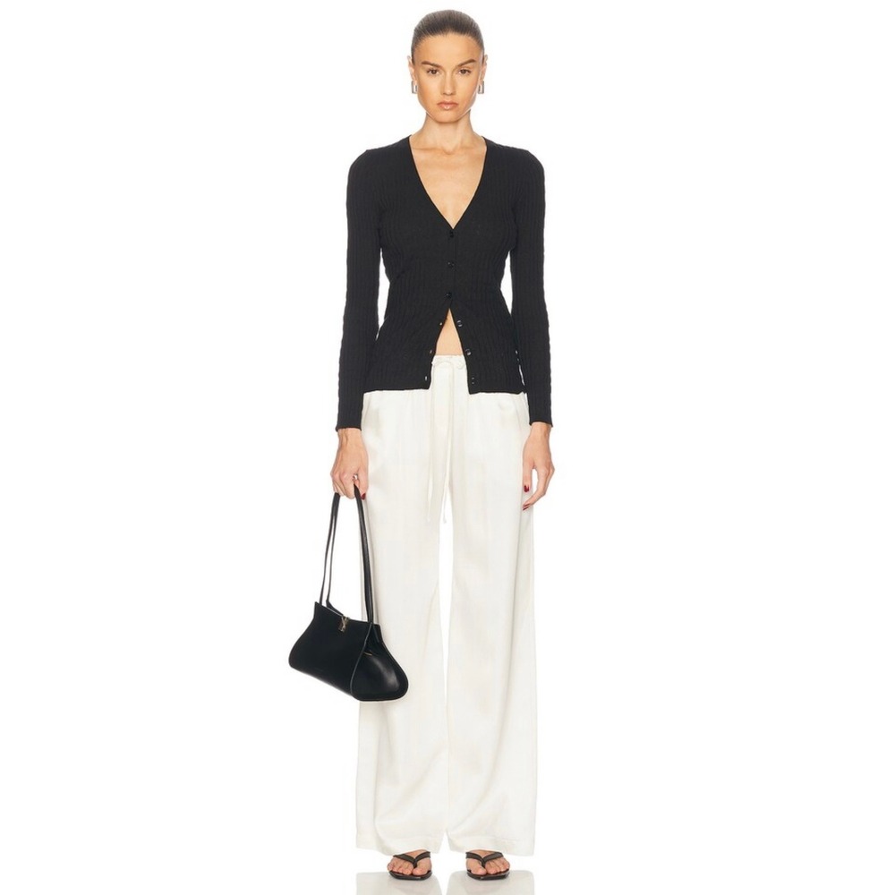 ENZA COSTA Linen Cotton V-neck Cardigan Women Small Black Rib Button Long Sleeve
